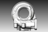 CAD-Modell Turboladergehäuse. Die Gussoberfläche wurde mit Freiformflächen und die bearbeiteten Flächen mit Konstruktionflächen rekonstruiert.