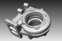 CAD-Modell Turboladergehäuse. Die Gussoberfläche wurde mit Freiformflächen und die bearbeiteten Flächen mit Konstruktionflächen rekonstruiert.